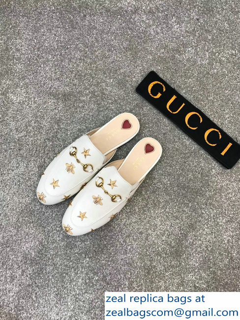 Gucci Princetown Horsebit Leather Slipper Gold Thread Embroidered Bees And Stars White