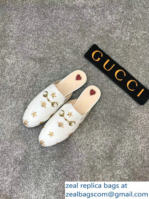 Gucci Princetown Horsebit Leather Slipper Gold Thread Embroidered Bees And Stars White - Click Image to Close