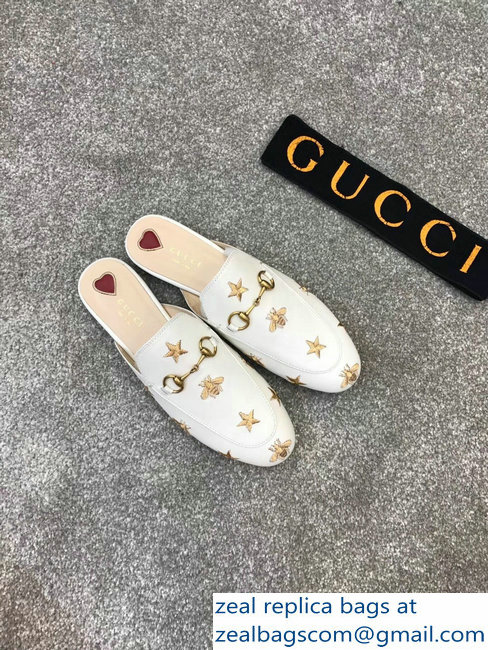 Gucci Princetown Horsebit Leather Slipper Gold Thread Embroidered Bees And Stars White - Click Image to Close