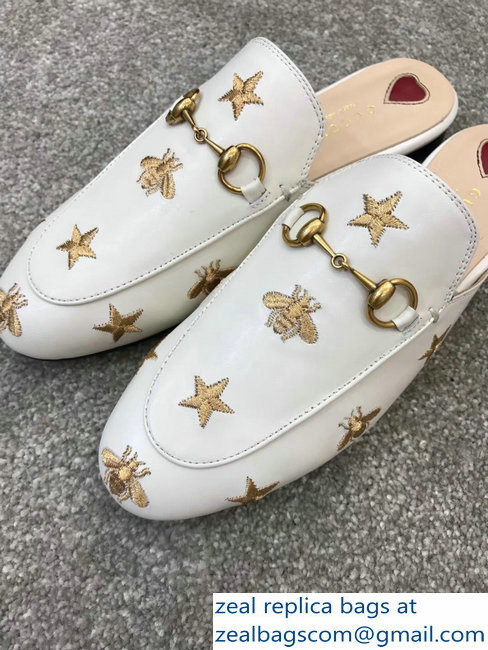 Gucci Princetown Horsebit Leather Slipper Gold Thread Embroidered Bees And Stars White