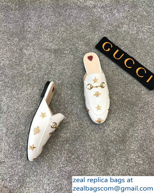 Gucci Princetown Horsebit Leather Slipper Gold Thread Embroidered Bees And Stars White - Click Image to Close