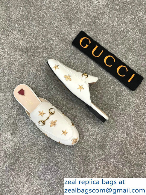 Gucci Princetown Horsebit Leather Slipper Gold Thread Embroidered Bees And Stars White