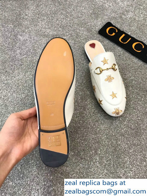 Gucci Princetown Horsebit Leather Slipper Gold Thread Embroidered Bees And Stars White - Click Image to Close