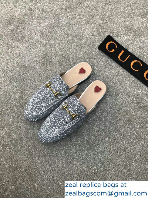 Gucci Princetown Horsebit Leather Slipper Silver Glitter