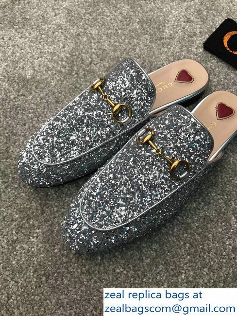 Gucci Princetown Horsebit Leather Slipper Silver Glitter