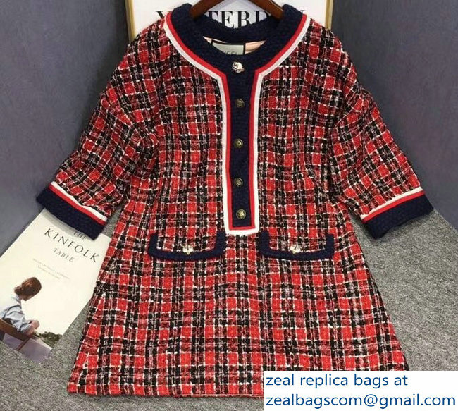 Gucci Red/Blue/White Tweed Check Tunic Dress 2018 - Click Image to Close