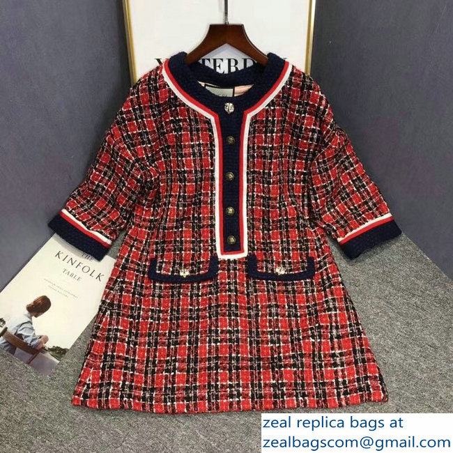 Gucci Red/Blue/White Tweed Check Tunic Dress 2018