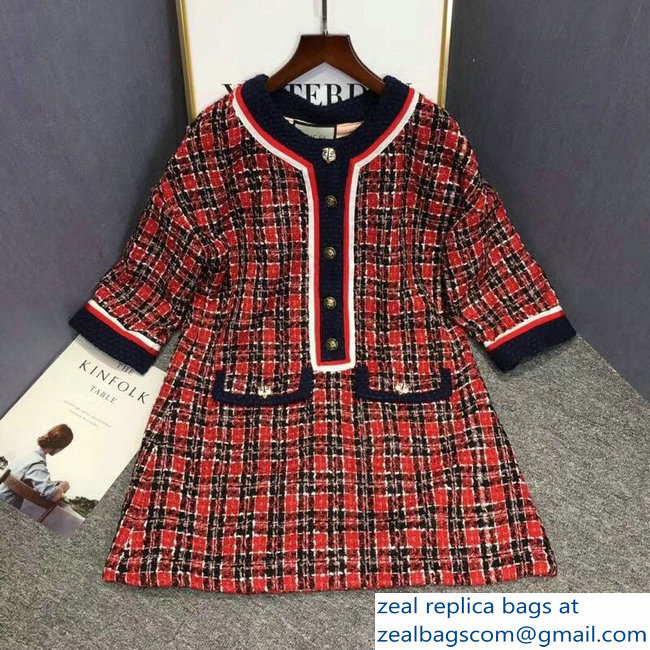 Gucci Red/Blue/White Tweed Check Tunic Dress 2018 - Click Image to Close