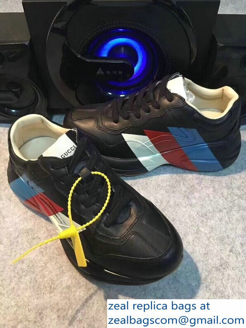 Gucci Rhyton Blue/Red/White Web Print Leather Sneakers Black 2018 - Click Image to Close