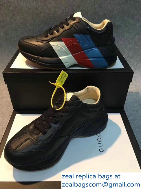 Gucci Rhyton Blue/Red/White Web Print Leather Sneakers Black 2018 - Click Image to Close