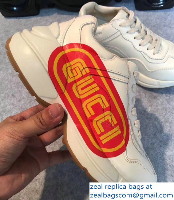 Gucci Rhyton Yellow Logo Leather Sneakers White 2018 - Click Image to Close