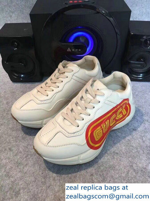 Gucci Rhyton Yellow Logo Leather Sneakers White 2018 - Click Image to Close