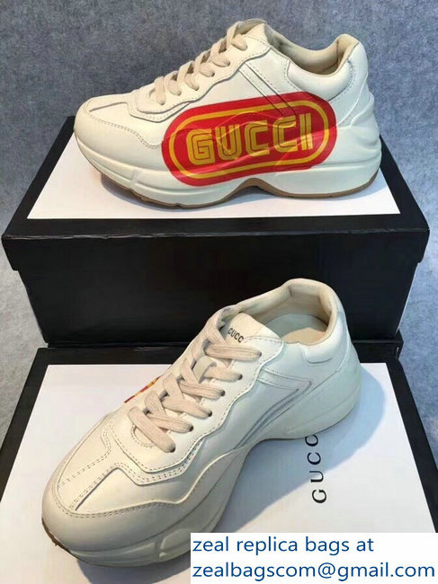Gucci Rhyton Yellow Logo Leather Sneakers White 2018 - Click Image to Close
