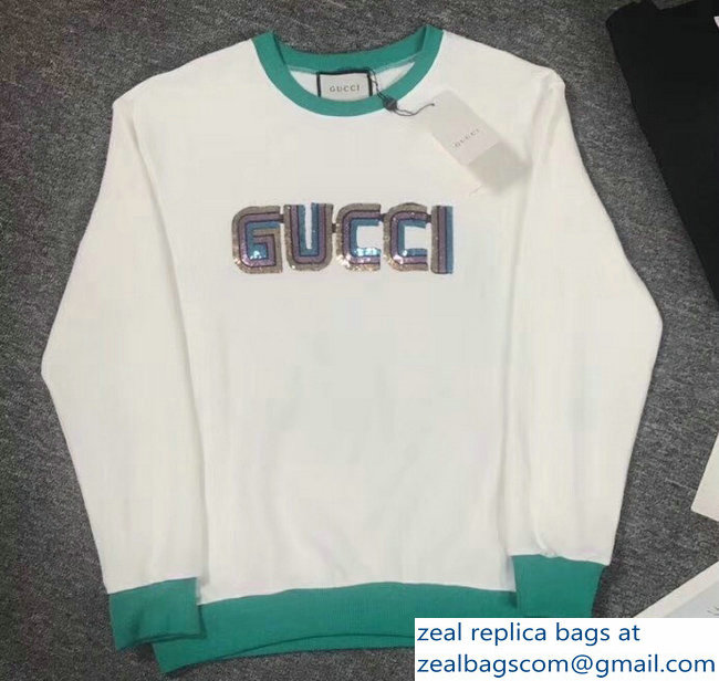 Gucci Sequins Logo Sweatshirt White/Green 2018