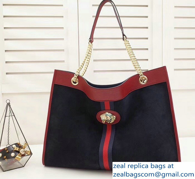 Gucci Suede Web Large Tote Bag Dark Blue With Tiger Head 537219 2018 - Click Image to Close