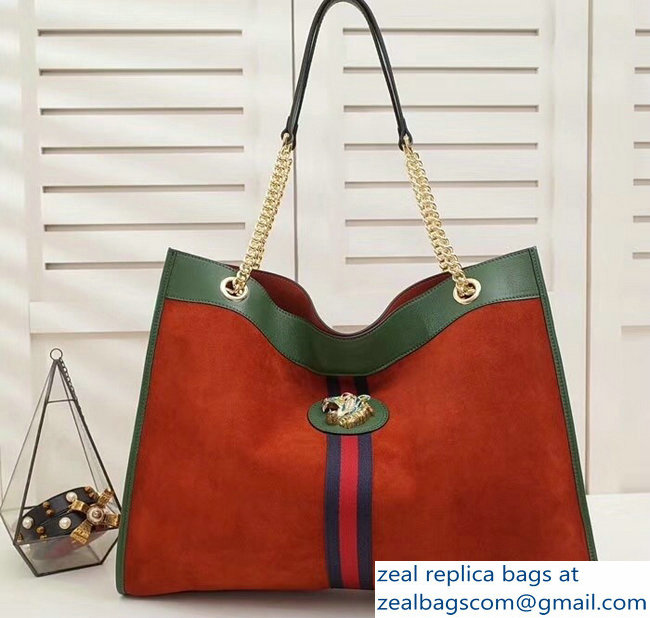 Gucci Suede Web Large Tote Bag Red With Tiger Head 537219 2018 - Click Image to Close