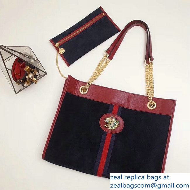 Gucci Suede Web Small Tote Bag Dark Blue With Tiger Head 517220 2018