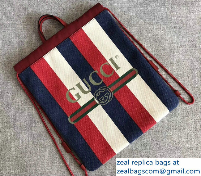 Gucci Sylvie Baiadera Striped Linen Canvas Vintage Logo Print Medium Drawstring Backpack Bag 473872 2018