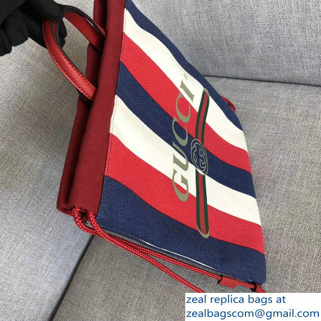 Gucci Sylvie Baiadera Striped Linen Canvas Vintage Logo Print Medium Drawstring Backpack Bag 473872 2018 - Click Image to Close
