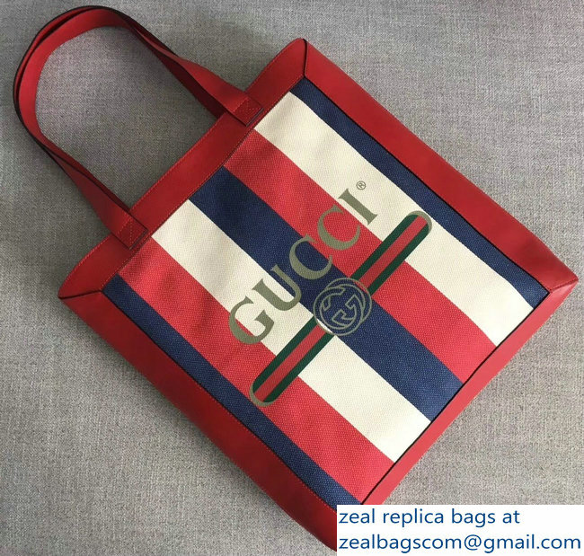 Gucci Sylvie Baiadera Striped Linen Canvas Vintage Logo Print Medium Tote Bag 523781 2018 - Click Image to Close