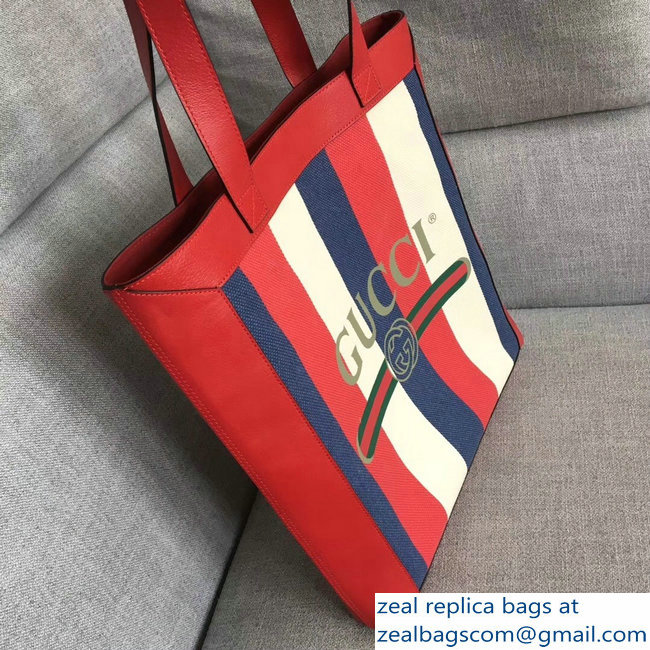 Gucci Sylvie Baiadera Striped Linen Canvas Vintage Logo Print Medium Tote Bag 523781 2018 - Click Image to Close