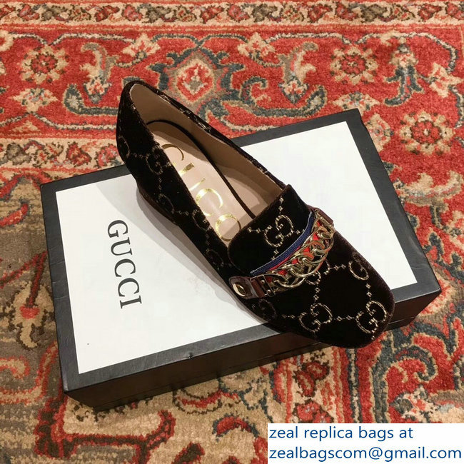 Gucci Sylvie Chain GG Velvet Mid-Heel Pumps Coffee 2018