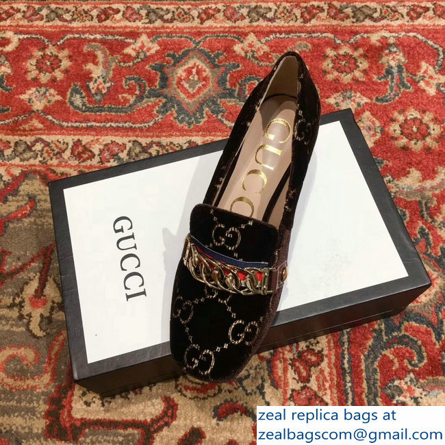 Gucci Sylvie Chain GG Velvet Mid-Heel Pumps Coffee 2018 - Click Image to Close