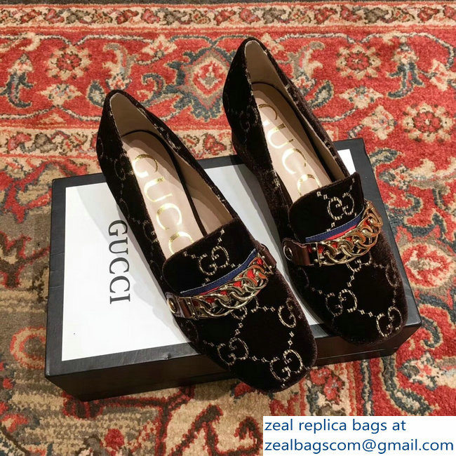 Gucci Sylvie Chain GG Velvet Mid-Heel Pumps Coffee 2018