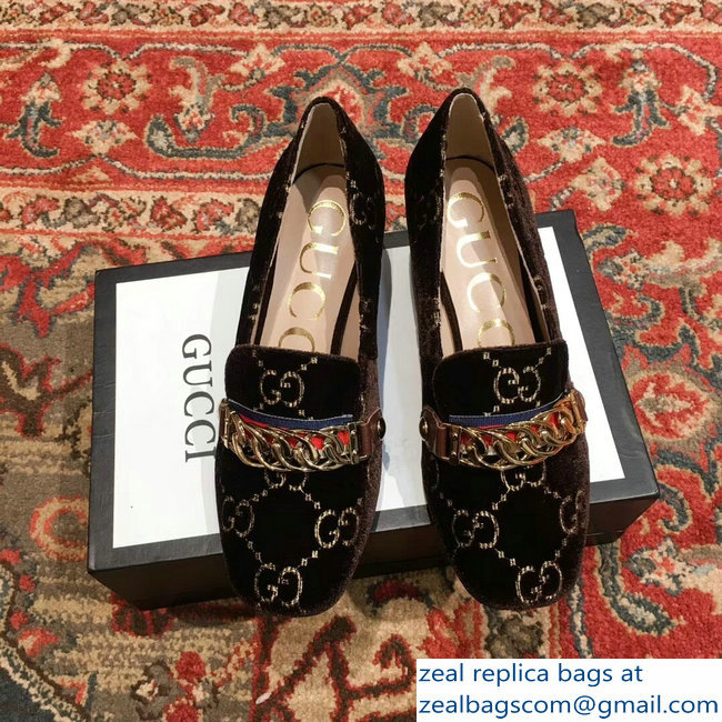 Gucci Sylvie Chain GG Velvet Mid-Heel Pumps Coffee 2018