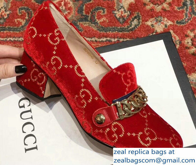 Gucci Sylvie Chain GG Velvet Mid-Heel Pumps Red 2018