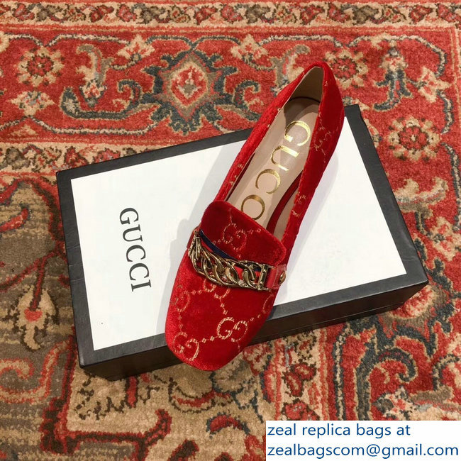 Gucci Sylvie Chain GG Velvet Mid-Heel Pumps Red 2018 - Click Image to Close