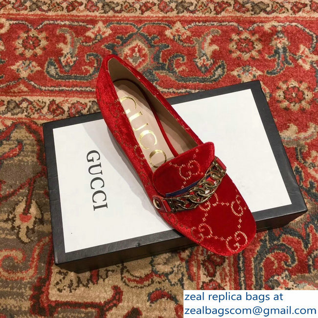 Gucci Sylvie Chain GG Velvet Mid-Heel Pumps Red 2018