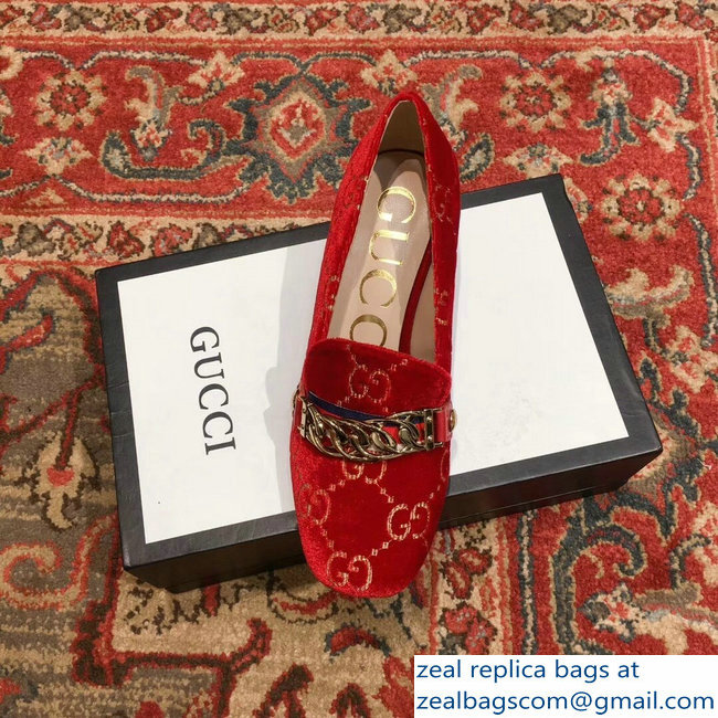 Gucci Sylvie Chain GG Velvet Mid-Heel Pumps Red 2018 - Click Image to Close