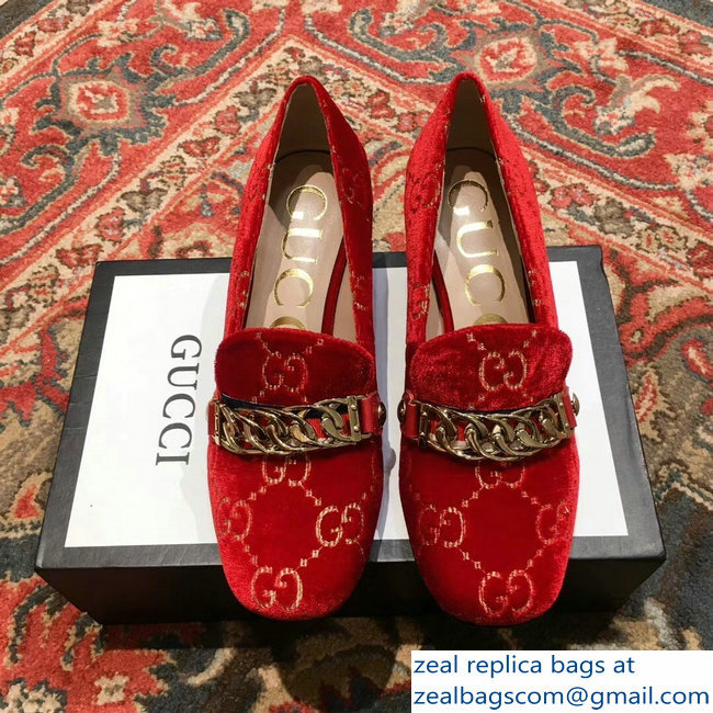 Gucci Sylvie Chain GG Velvet Mid-Heel Pumps Red 2018 - Click Image to Close