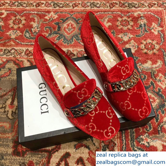 Gucci Sylvie Chain GG Velvet Mid-Heel Pumps Red 2018