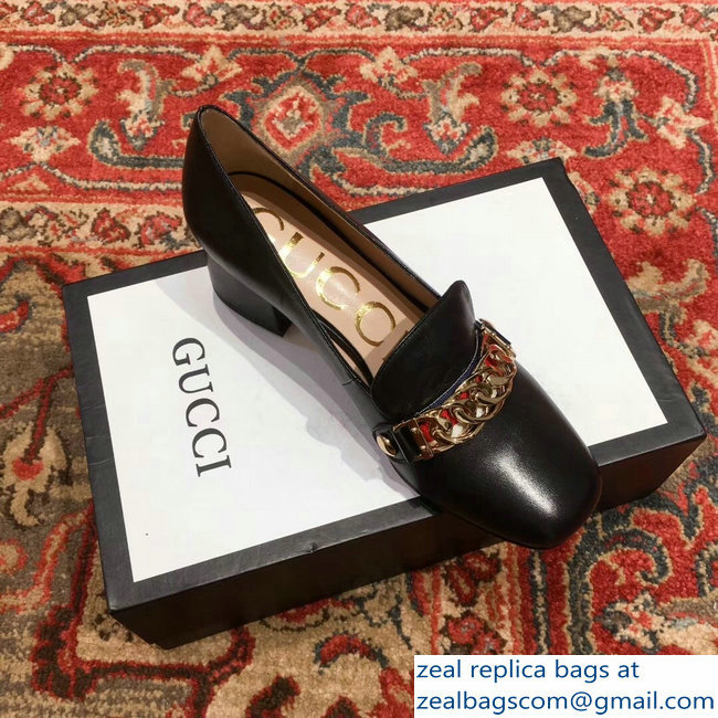 Gucci Sylvie Chain Leather Mid-Heel Pumps Black 2018 - Click Image to Close