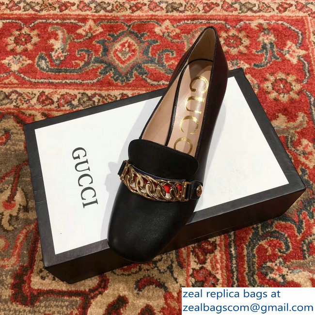 Gucci Sylvie Chain Leather Mid-Heel Pumps Black 2018