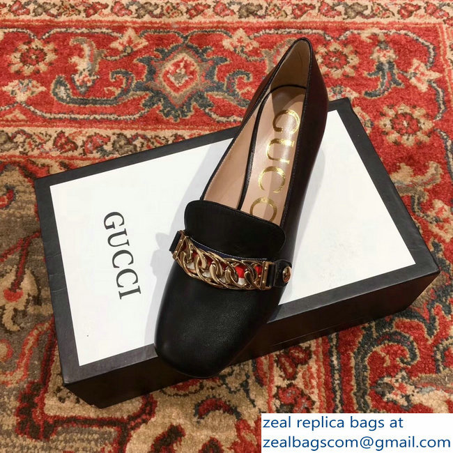 Gucci Sylvie Chain Leather Mid-Heel Pumps Black 2018 - Click Image to Close