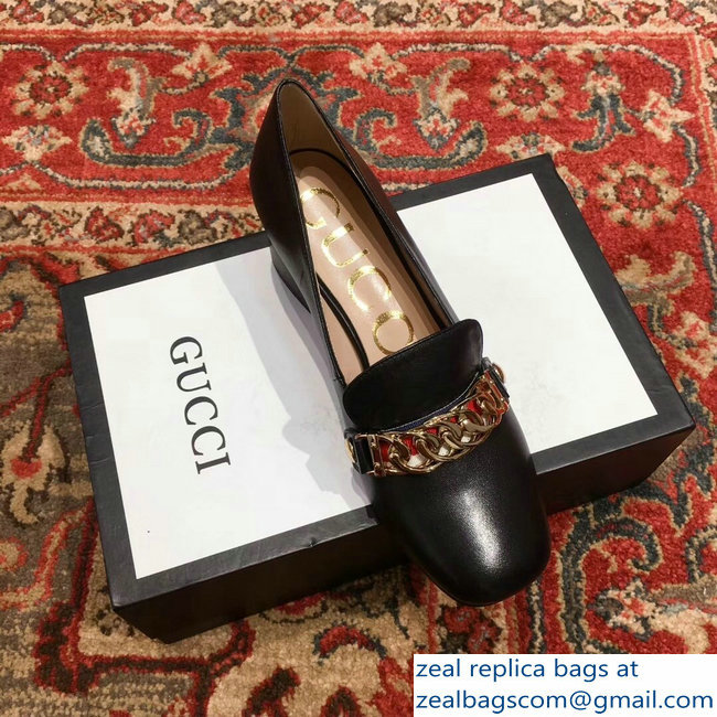 Gucci Sylvie Chain Leather Mid-Heel Pumps Black 2018