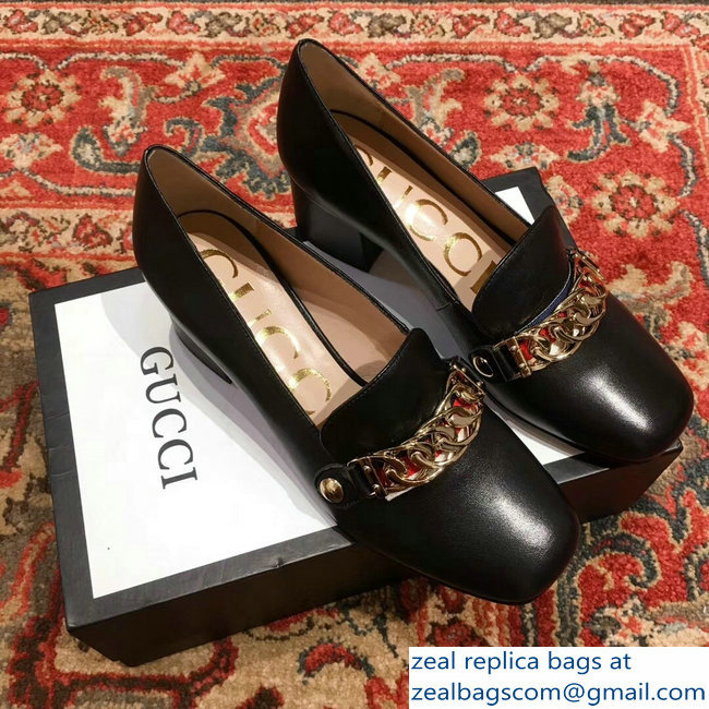 Gucci Sylvie Chain Leather Mid-Heel Pumps Black 2018 - Click Image to Close