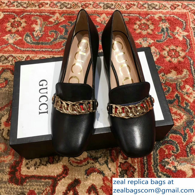 Gucci Sylvie Chain Leather Mid-Heel Pumps Black 2018 - Click Image to Close