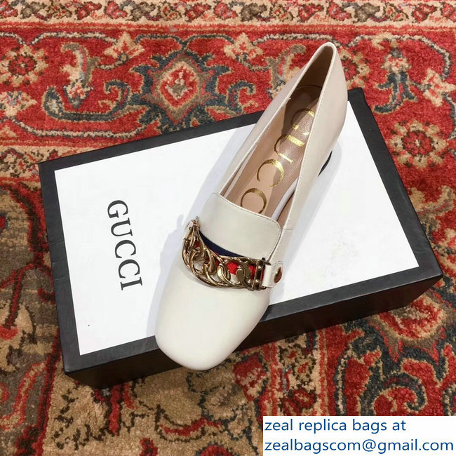 Gucci Sylvie Chain Leather Mid-Heel Pumps White 2018 - Click Image to Close