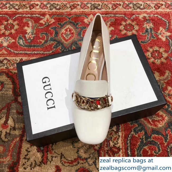 Gucci Sylvie Chain Leather Mid-Heel Pumps White 2018