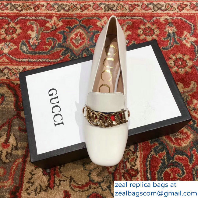 Gucci Sylvie Chain Leather Mid-Heel Pumps White 2018 - Click Image to Close