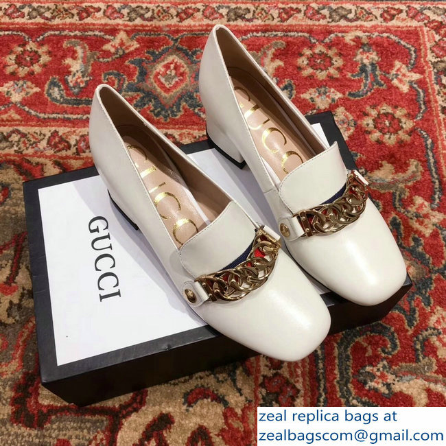 Gucci Sylvie Chain Leather Mid-Heel Pumps White 2018