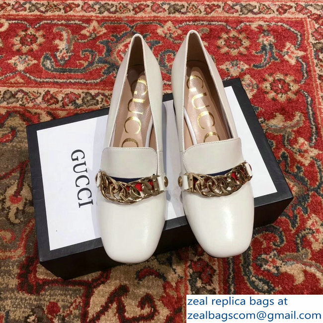 Gucci Sylvie Chain Leather Mid-Heel Pumps White 2018 - Click Image to Close