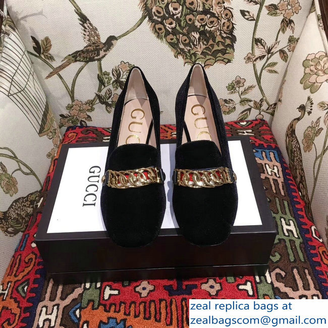 Gucci Sylvie Chain Velvet Mid-Heel Pumps Black 2018