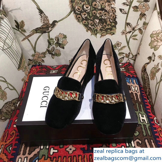 Gucci Sylvie Chain Velvet Mid-Heel Pumps Black 2018 - Click Image to Close