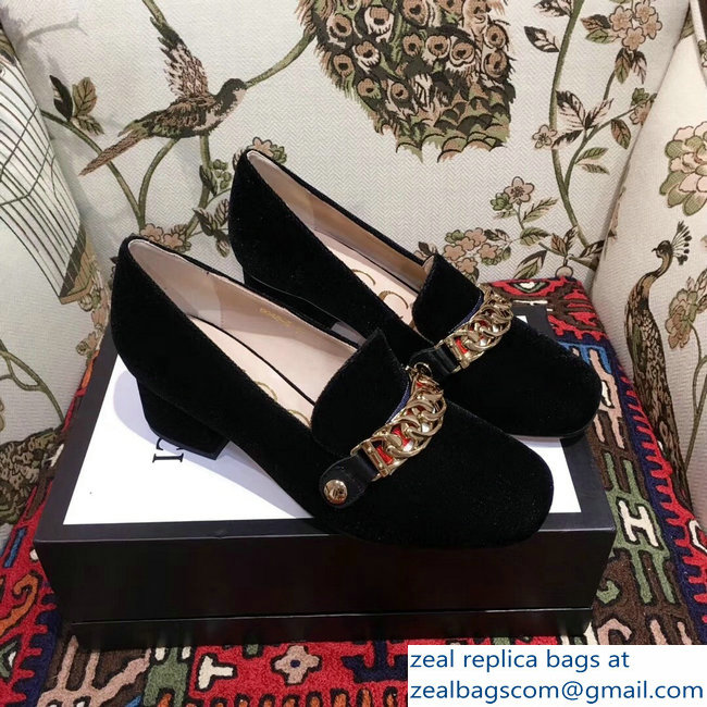 Gucci Sylvie Chain Velvet Mid-Heel Pumps Black 2018 - Click Image to Close