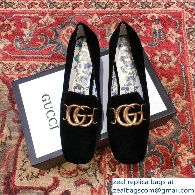 Gucci Velvet Mid-Heel Pumps Black with Double G 2018